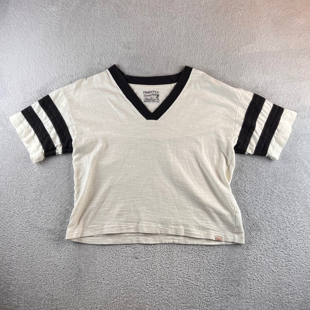 Faherty Sunwashed Organic Cotton V-Neck Varsity Stripe T-Shirt White Black M